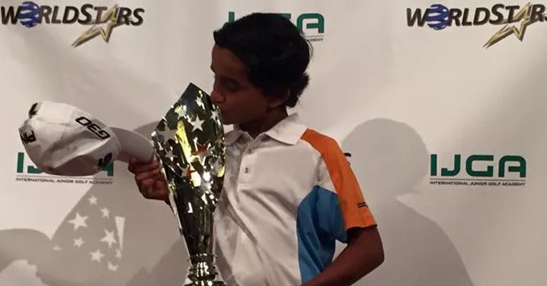 Shubham Jaglan with the IJGA World Star of Junior Golf Trophy