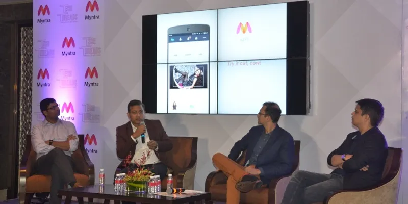 Shamik Sharma, CTO, Myntra, showing a demo of the product with Ananth Narayanan, CEO, Myntra, Ambrish Kenghe, Head of product, Myntra, Shamik Sharma, CTO, Myntra, Ananth Narayanan, CEO, Myntra, Prasad Kompalli, Head ecommerce platform, Myntra at the 4th annual Brand summit 