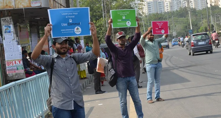Founders promoting CarFreeThursday and Commut on the streets of Hyderabad