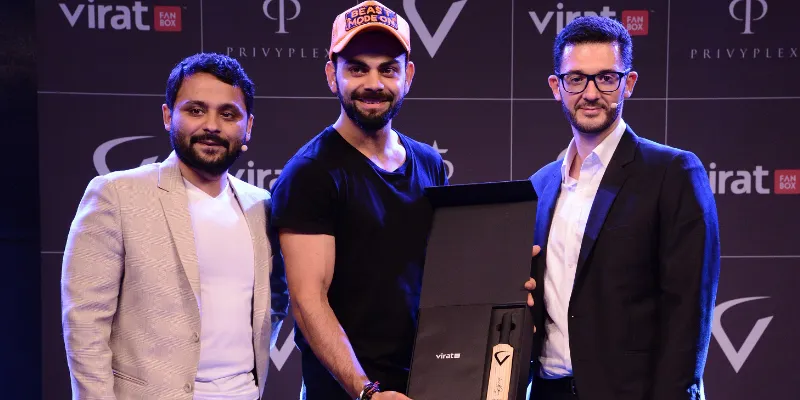 Upmanyu Misra, Virat Kohli, Ahmed Arab at the launch of Fanbox at Trident, Mumbai.