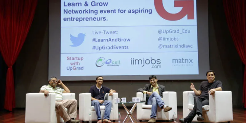 Ambareesh Murty (Founder & CEO, Pepperfry) Advitiya Sharma(Co-Founder, Housing) Tarun Dawda (Managing Director, Matrix Partners) Ronnie Screwvala (Co-Founder & Chairman, UpGrad) at a panel discussion at 'StartUp with UpGrad Networking Event' at IIT-B