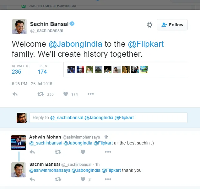 Sachin Bansal Jabong tweet
