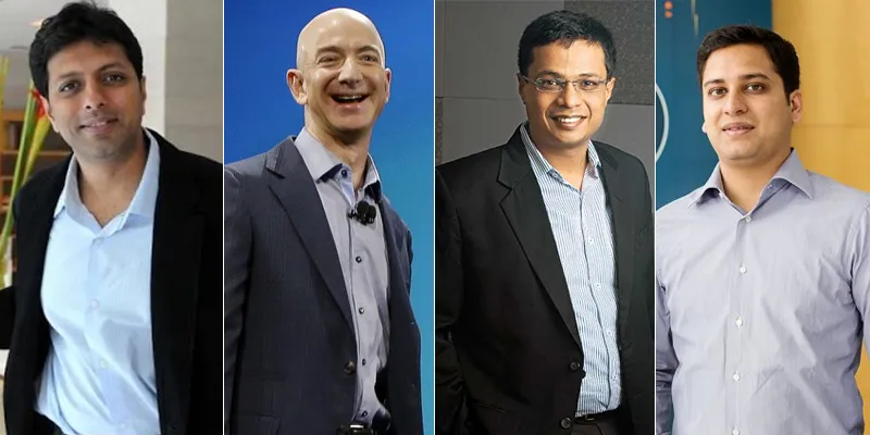 L to R: Amit Agarwal, Jeff Bezos, Sachin Bansal, Binny Bansal
