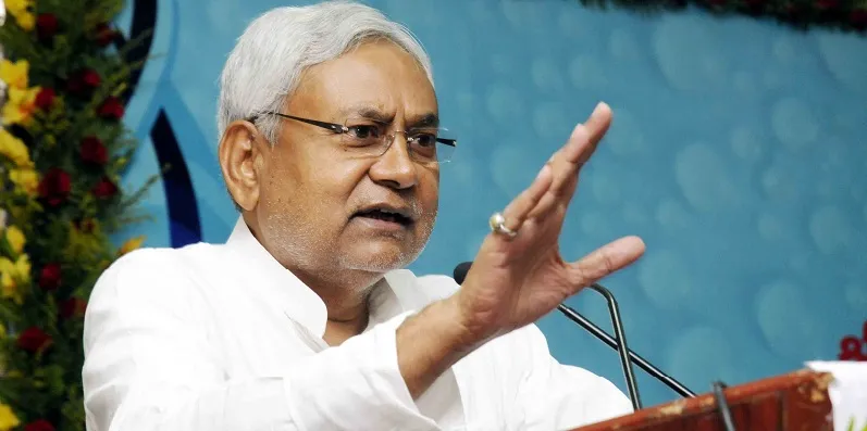 Patna: Bihar Chief Minister Nitish Kumar addresses at the launch of water projects, in Patna, on May 15, 2015. (Photo: IANS)