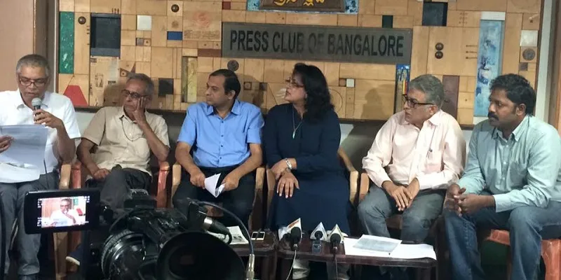 Prakash Belawadi, Naresh Narasimhan and other team members addressing the media