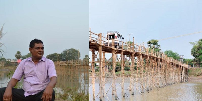 This boatman has built a bamboo bridge on a river in rural Bengal and is collecting toll from it