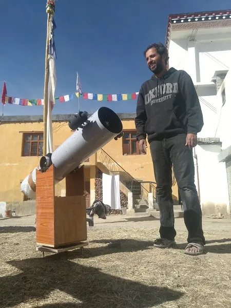 Anish Mangal with the newly built telescope in Kaza