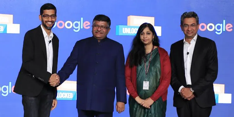 (From left to right:) Sundar Pichai, CEO – Google; IT Minister Ravi Shankar Prasad; Aruna Sundararajan, Secretary, Ministry of Electronics & IT; Rajan Anandan, Vice President, South East Asia and India, Google