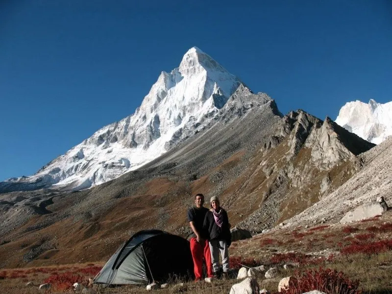 2008, with wife Sandhya, at Tapovan (~4300m), in shadow of Sivling peak, near Gomukh