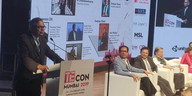 N Chandrasekharan, the Chairman of Tata Sons, takes the stage at TiECon 2019 in Mumbai.