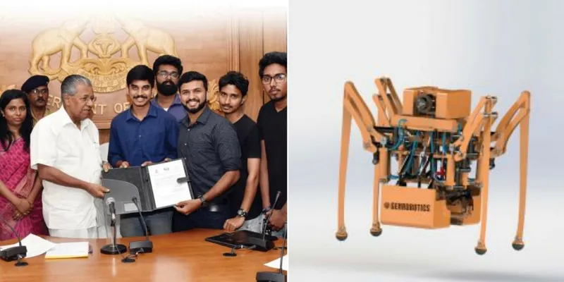 केरल के सीएम को समझौता पत्र सौंपते युवा इंजीनियर और रोबोट का मॉडल (दाहिने)