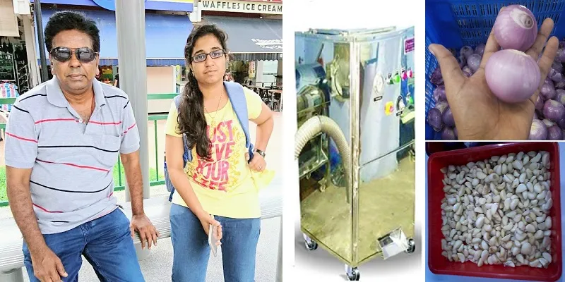 பூண்டு, வெங்காய உரித்தல் இயந்திரம் உருவாக்கிய நாகராஜன் மற்றும் மகள் ப்ரீத்தி