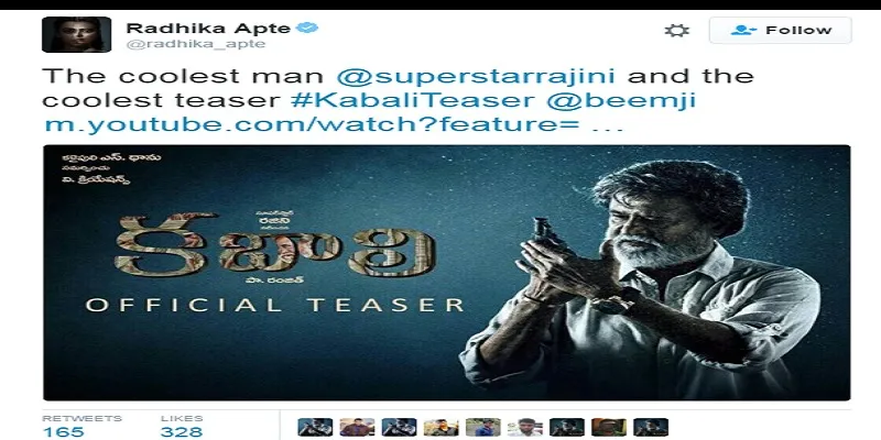 கபாலி பட நாயகி ராதிகா ஆப்தேவின் ட்வீட்