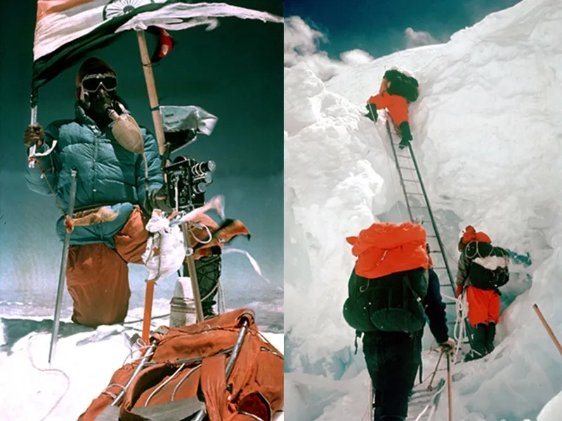 Left: C. P. Vohra raises the Indian flag at the peak of Mount Everest; Right: Climbers make way through Khumbu icefall, a deadly South Col route to the summit where numerous mountaineers have lost their lives to falling seracs.