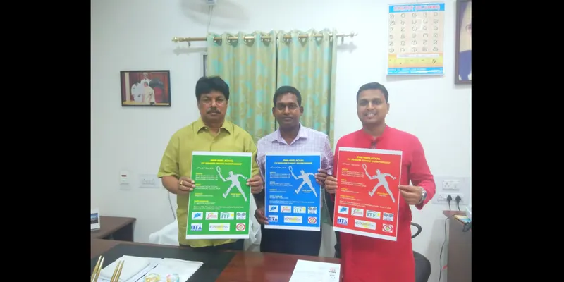 Odisha Sports minister Sudam Marndi unveils OWB-NEELACHAL ITF Tennis Championship poster with Dillip Mohanty and author Subhransu Panda