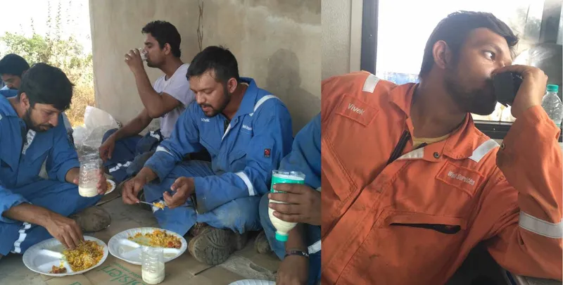 (L)The oilfield men enjoying lunch after a hot early morning rig down.  (R) My husband