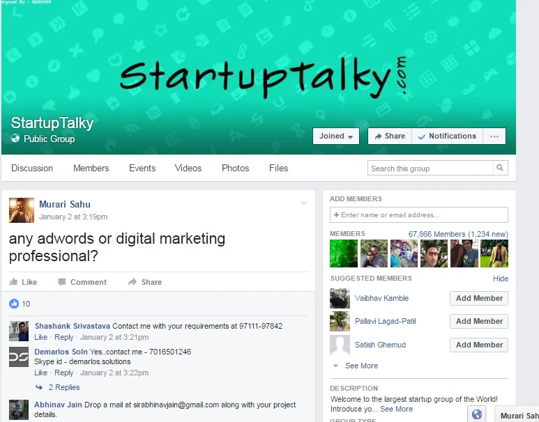 StartupTalky group where Murari posted his requirement