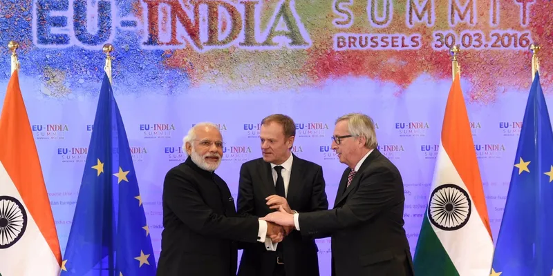 Indian PM Narendra Modi with President of the Council of Europe, Donald Tusk and President of the European Commission, Jean-Claude Juncker