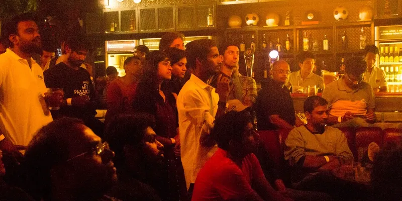 The crowd listen in as Vaitheeswaran Kothandaraman takes the stage at “F*ck Up Nights” – Bangalore Edition (photo credit: BHIVE Workspace)