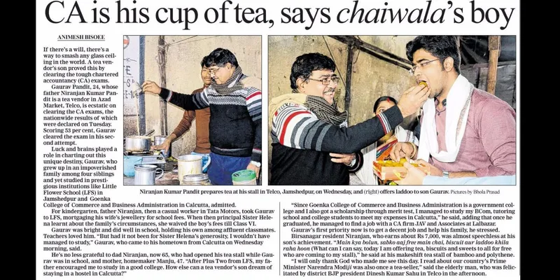 Brewing hard work and luck, steel city Tea vendor's son cracks prestigious CA exam.