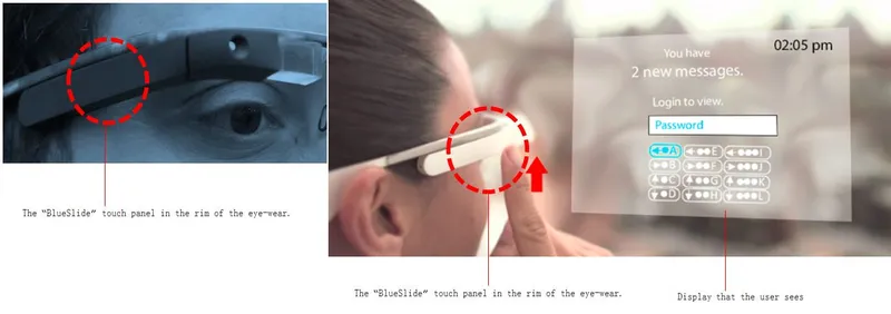 FIG: The rim of the eye wear holds the touch panel and user can use one or multiple fingers to type in as describe in the invention.
