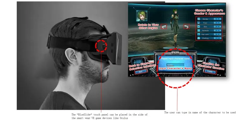 FIG: In virtual reality games devices like “Oculus” the BlueSlide can be used to implemented to provide text input mechanism easily.