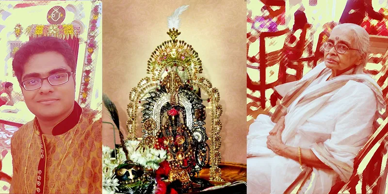 (বাম দিক থেকে) শুভাশিস দত্ত পরিবারের নবীন প্রজন্ম, মাতা সর্বমঙ্গলার বিগ্রহ এবং শুভাশিসের পিতামহী পুর্ণিমা দেবী