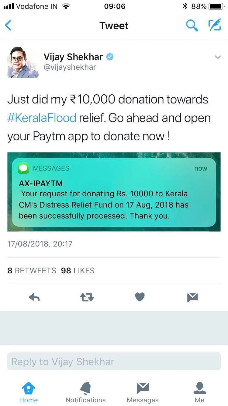 Tweet from PayTM CEO Vijay Shekhar Sharma.