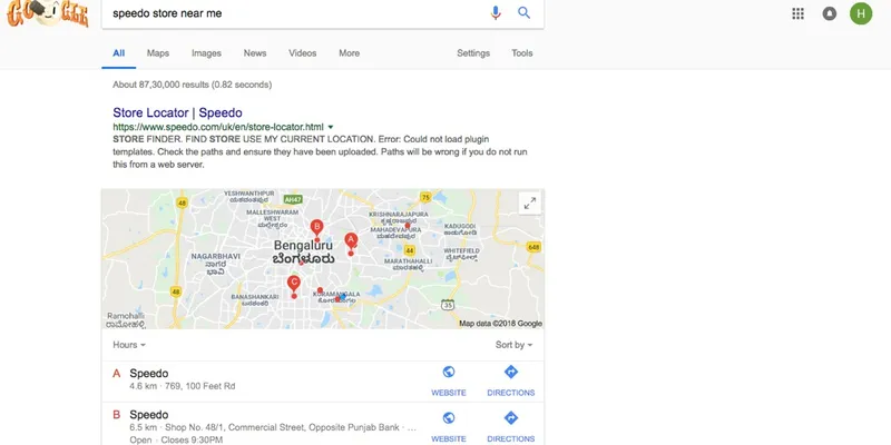 Screenshot for Location search for Speedo in Koramangala , Bangalore, India 